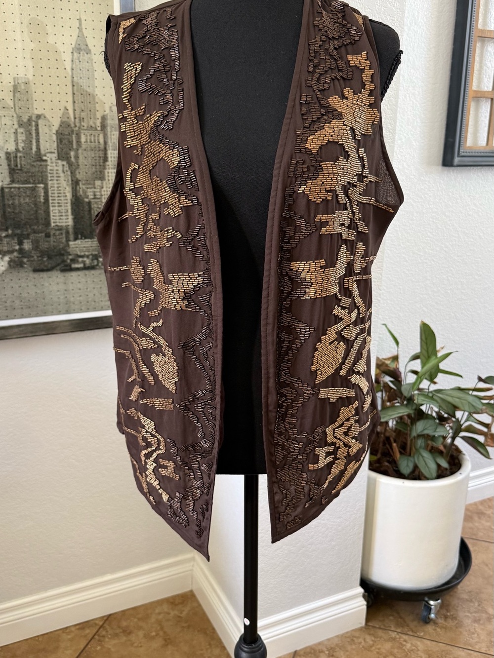 Chico's Vivianna Brown Embellished Open-Front Vest